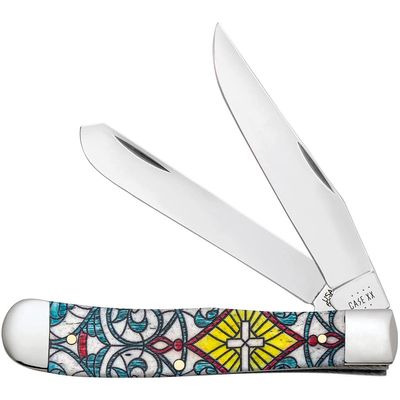 Case XX WR POCKET KNIFE STAINED GLASS CROSS NATURAL BONE COLOR WASH TRAPPER, ITEM 38817, LENGTH CLOSED 4 1/8 INCH (6254 SS)