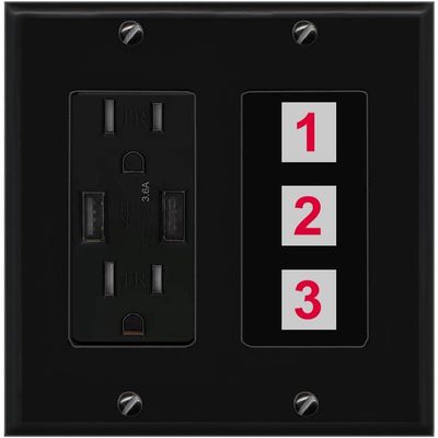 RiteAV Custom Wall Plate 3 Port, USB Charger, Black/Black, Choose HDMI Coax 3.5mm Banana Cat5/6 Phone RCA Speaker Toslink USB