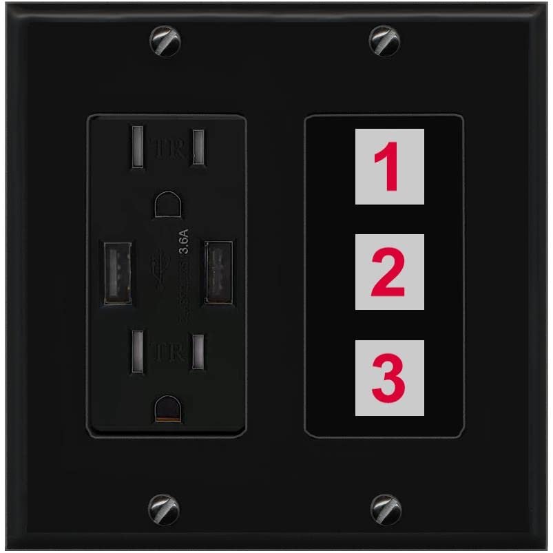 RiteAV Custom Wall Plate 3 Port, USB Charger, Black/Black, Choose HDMI Coax 3.5mm Banana Cat5/6 Phone RCA Speaker Toslink USB