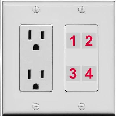 RiteAV Custom 4 Port Custom Wall Plate, Outlet, Gray/Gray, Choose HDMI Coax 3.5mm Banana Cat5/6 Phone RCA Speaker Toslink USB