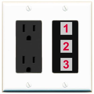 RiteAV Custom Wall Plate 3 Port, Outlet, White/Black, Choose HDMI Coax 3.5mm Banana Cat5/6 Phone RCA Speaker Toslink USB