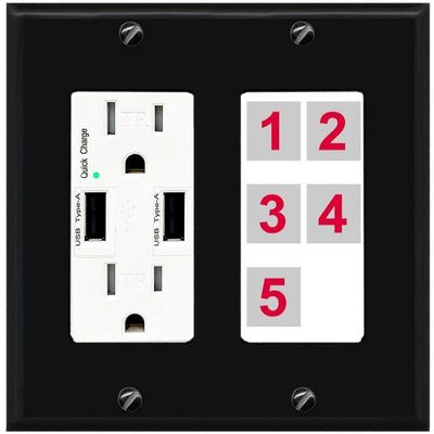 RiteAV Custom Wall Plate 5 Port, USB Charger, Black/White, Choose HDMI Coax 3.5mm Banana Cat5/6 Phone RCA Speaker Toslink USB