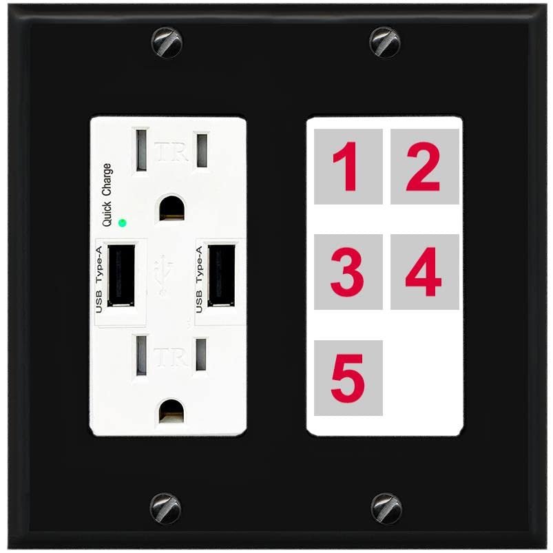 RiteAV Custom Wall Plate 5 Port, USB Charger, Black/White, Choose HDMI Coax 3.5mm Banana Cat5/6 Phone RCA Speaker Toslink USB