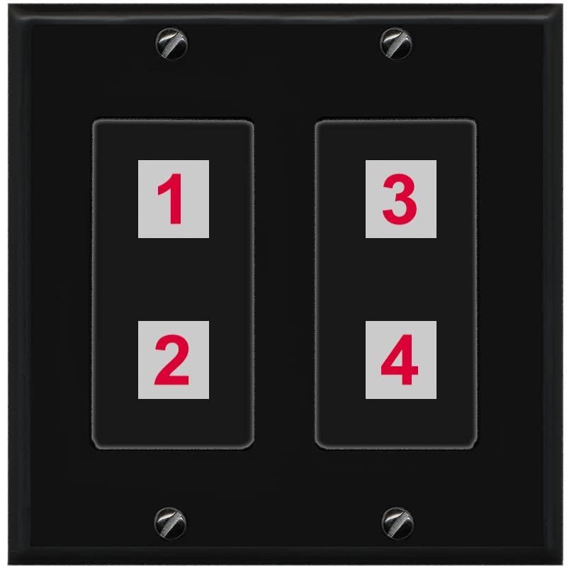 RiteAV Custom 4 Port Custom Wall Plate, 2 Gang, Black/Black, Choose HDMI Coax 3.5mm Banana Cat5/6 Phone RCA Speaker Toslink USB
