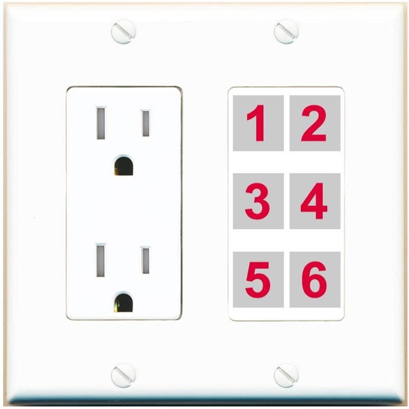 RiteAV 6 Port Custom Wall Plate, Tamper-Resistant, White/White, Choose HDMI Coax 3.5mm Banana Cat5/6 Phone RCA Speaker Toslink USB