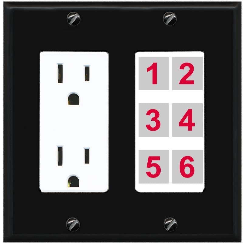 RiteAV 6 Port Custom Wall Plate, Outlet, Black/White, Choose HDMI Coax 3.5mm Banana Cat5/6 Phone RCA Speaker Toslink USB