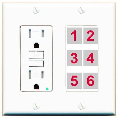 RiteAV 6 Port Custom Wall Plate, GFCI, White/White, Choose HDMI Coax 3.5mm Banana Cat5/6 Phone RCA Speaker Toslink USB