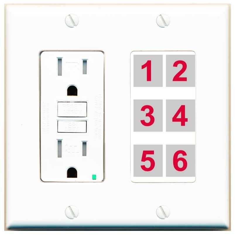 RiteAV 6 Port Custom Wall Plate, GFCI, White/White, Choose HDMI Coax 3.5mm Banana Cat5/6 Phone RCA Speaker Toslink USB