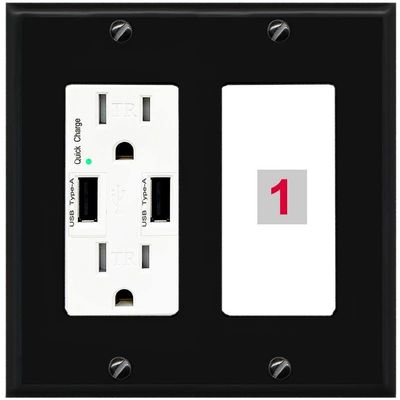 RiteAV Custom Wall Plate 1 Port, USB Charger, Black/White, Choose HDMI Coax 3.5mm Banana Cat5/6 Phone RCA Speaker Toslink USB