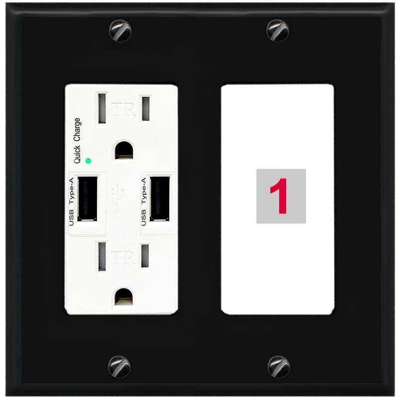 RiteAV Custom Wall Plate 1 Port, USB Charger, Black/White, Choose HDMI Coax 3.5mm Banana Cat5/6 Phone RCA Speaker Toslink USB