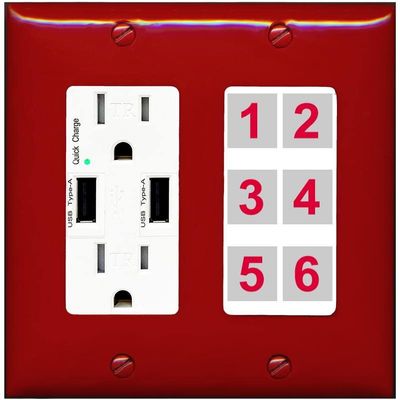 RiteAV 6 Port Custom Wall Plate, USB Charger, Red/White, Choose HDMI Coax 3.5mm Banana Cat5/6 Phone RCA Speaker Toslink USB