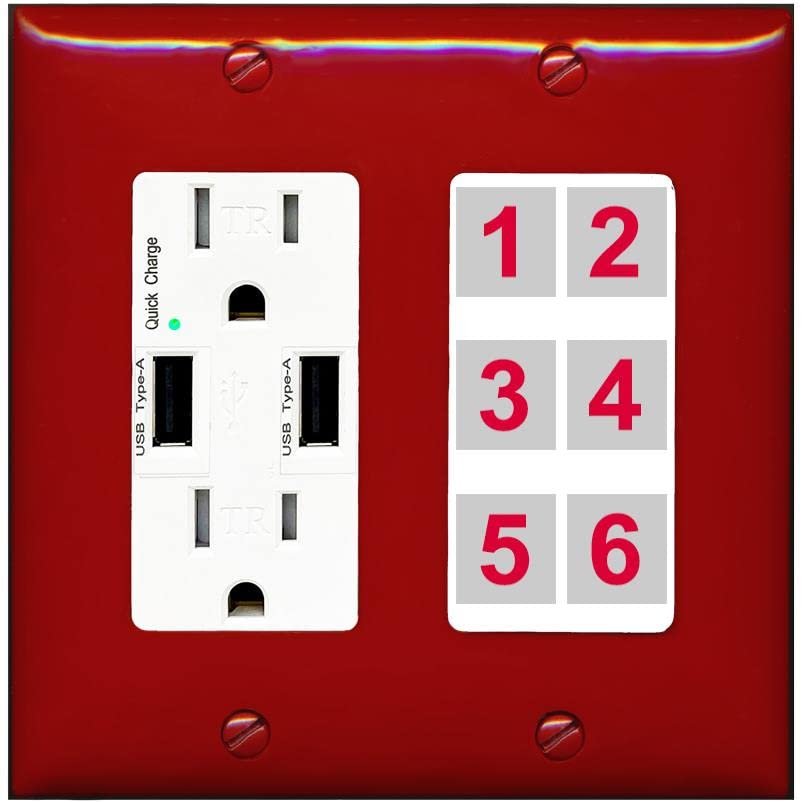 RiteAV 6 Port Custom Wall Plate, USB Charger, Red/White, Choose HDMI Coax 3.5mm Banana Cat5/6 Phone RCA Speaker Toslink USB