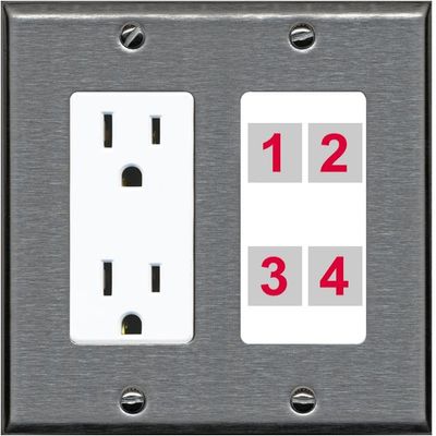 RiteAV Custom 4 Port Custom Wall Plate, Outlet, Stainless/White, Choose HDMI Coax 3.5mm Banana Cat5/6 Phone RCA Speaker Toslink USB