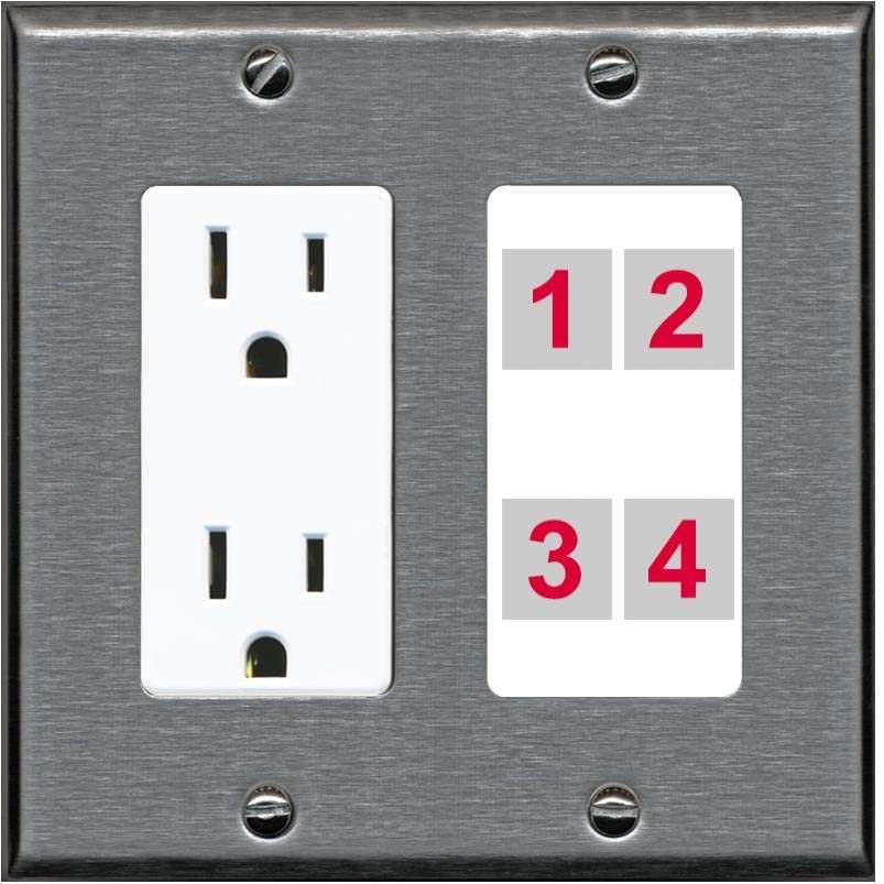 RiteAV Custom 4 Port Custom Wall Plate, Outlet, Stainless/White, Choose HDMI Coax 3.5mm Banana Cat5/6 Phone RCA Speaker Toslink USB