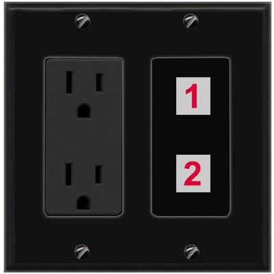 RiteAV Custom Wall Plate 2 Port, Outlet, Black/Black, Choose HDMI Coax 3.5mm Banana Cat5/6 Phone RCA Speaker Toslink USB