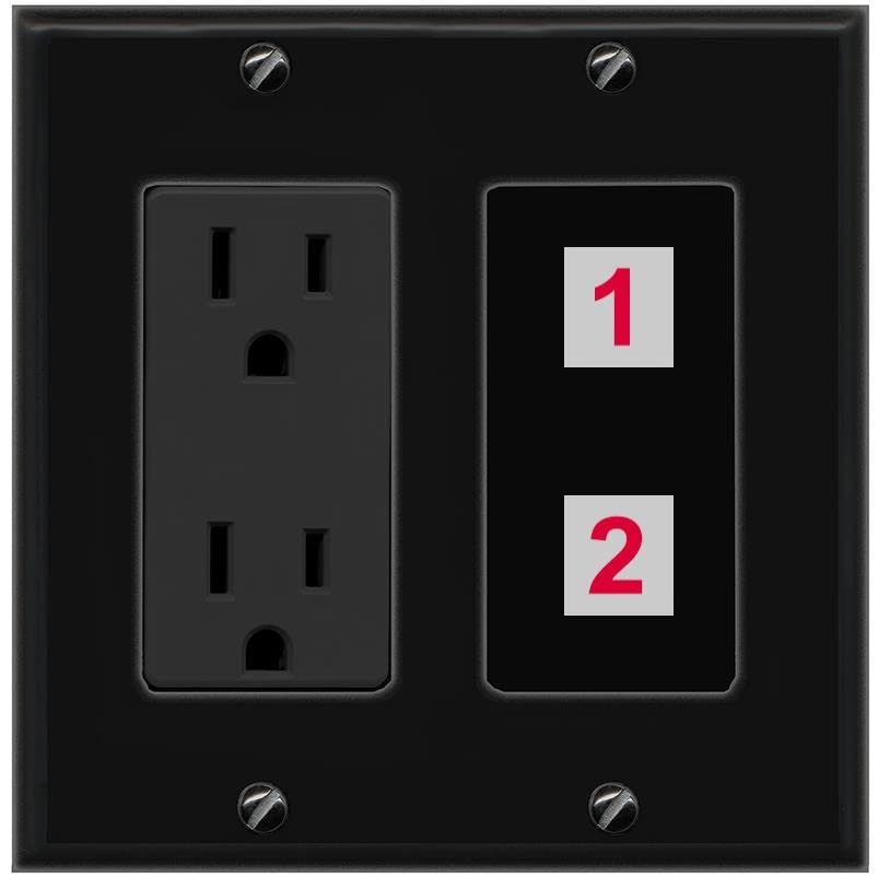 RiteAV Custom Wall Plate 2 Port, Outlet, Black/Black, Choose HDMI Coax 3.5mm Banana Cat5/6 Phone RCA Speaker Toslink USB