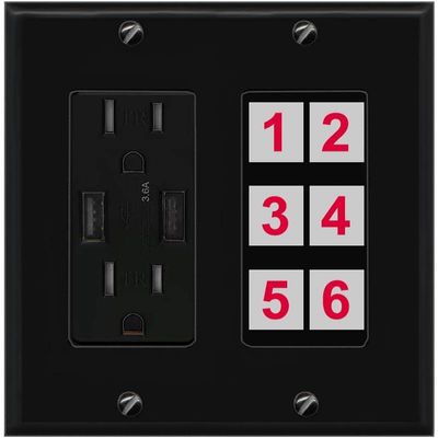 RiteAV 6 Port Custom Wall Plate, USB Charger, Black/Black, Choose HDMI Coax 3.5mm Banana Cat5/6 Phone RCA Speaker Toslink USB