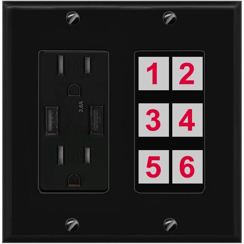 RiteAV 6 Port Custom Wall Plate, USB Charger, Black/Black, Choose HDMI Coax 3.5mm Banana Cat5/6 Phone RCA Speaker Toslink USB