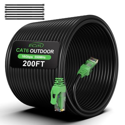 200FT Cat6 Outdoor Ethernet Cable, In-Ground, Heavy Duty Direct Burial, 24AWG CCA Patch Cord for Laptops, PCs, Routers, Printers, Surveillance Camera, PoE, UTP Cat 6 Internet Cable with 25 Cable Ties