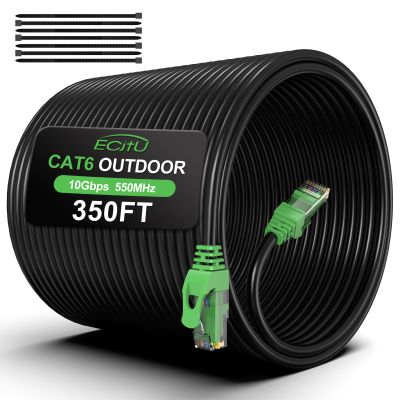 350FT Cat6 Outdoor Ethernet Cable, In-Ground, Heavy Duty Direct Burial, 24AWG CCA Patch Cord for Laptops, PCs, Routers, Printers, Surveillance Camera, PoE, UTP Cat 6 Internet Cable with 25 Cable Ties