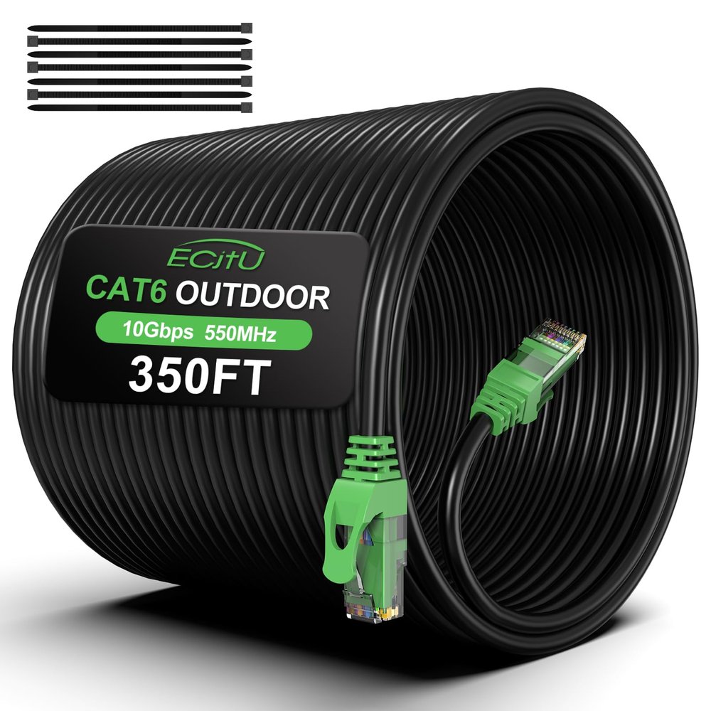 350FT Cat6 Outdoor Ethernet Cable, In-Ground, Heavy Duty Direct Burial, 24AWG CCA Patch Cord for Laptops, PCs, Routers, Printers, Surveillance Camera, PoE, UTP Cat 6 Internet Cable with 25 Cable Ties