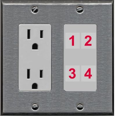 RiteAV Custom 4 Port Custom Wall Plate, Outlet, Stainless/Gray, Choose HDMI Coax 3.5mm Banana Cat5/6 Phone RCA Speaker Toslink USB