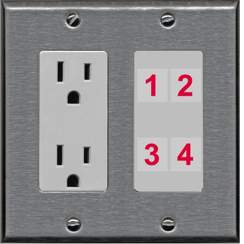 RiteAV Custom 4 Port Custom Wall Plate, Outlet, Stainless/Gray, Choose HDMI Coax 3.5mm Banana Cat5/6 Phone RCA Speaker Toslink USB