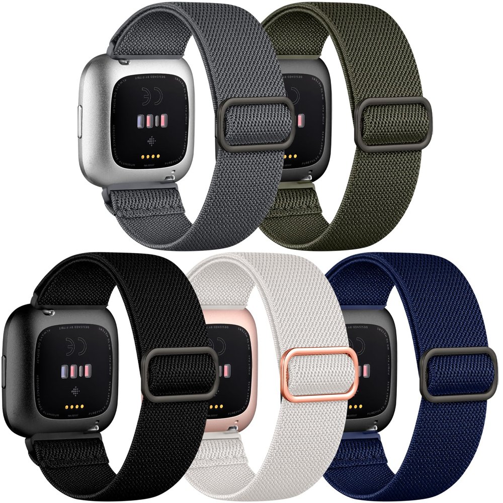 DaQin 5 Pack Elastic Sport Nylon Band Compatible with Fitbit Versa/Versa Lite/SE/Fitbit Versa 2 Bands for Men Women, Adjustable Stretchy Solo Loop Wristband for Fitbit Versa 2 Bands of Smartwatch