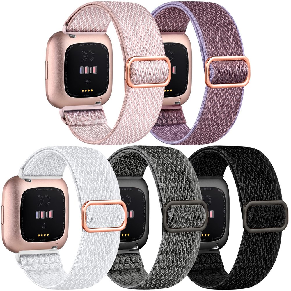 DaQin Elastic Sport Nylon Band Compatible with Fitbit Versa 2 Watch Bands Women Men, 5 Pack Adjustable Stretchy Solo Loop Wristband for Versa/Versa Lite/SE/Fitbit Versa 2 Bands Women of Smartwatch