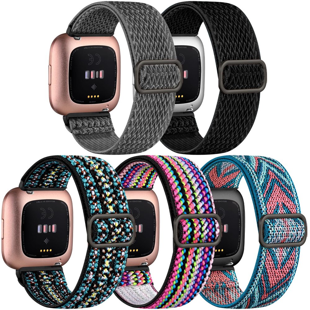 DaQin Elastic Sport Nylon Band Compatible with Fitbit Versa 2 Watch Bands Women Men, 5 Pack Adjustable Stretchy Solo Loop Wristband for Versa/Versa Lite/SE/Fitbit Versa 2 Bands Women of Smartwatch