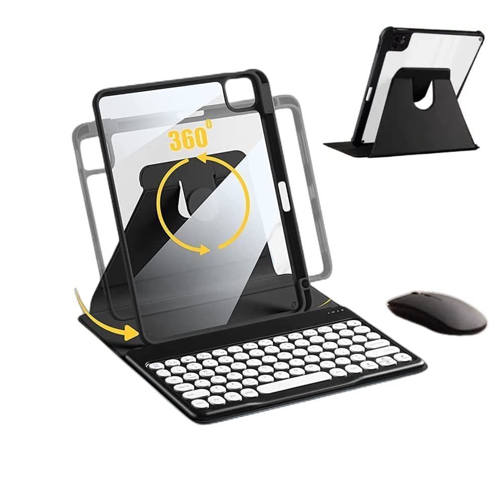 AnMengXinLing Keyboard Case for iPad 11 inch 2025(A16)/iPad 10 2022 with Mouse, 360 Rotatable Case with Keyboard,Clear Cover with Pencil Holder Round Key Keyboard (Black)