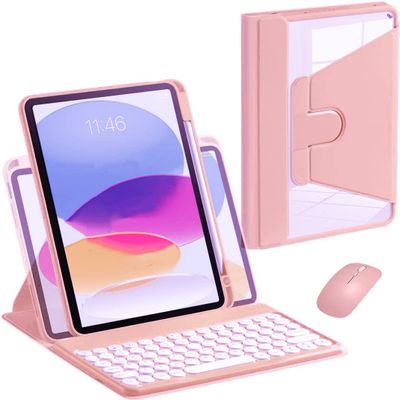 AnMengXinLing Keyboard Case for iPad 11 inch 2025(A16)/iPad 10 2022 with Mouse, 360 Rotatable Case with Keyboard,Clear Cover with Pencil Holder Round Key Keyboard (Pink)