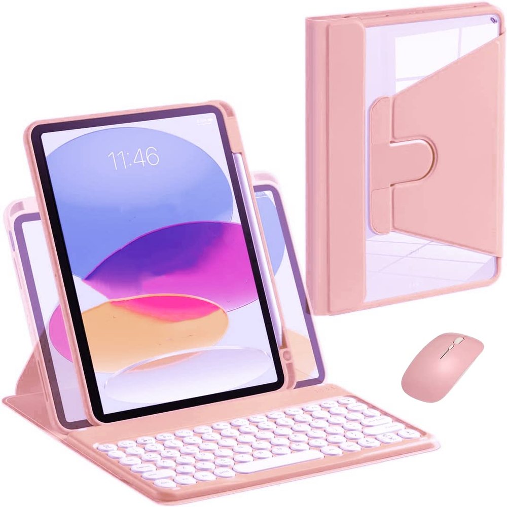 AnMengXinLing Keyboard Case for iPad 11 inch 2025(A16)/iPad 10 2022 with Mouse, 360 Rotatable Case with Keyboard,Clear Cover with Pencil Holder Round Key Keyboard (Pink)