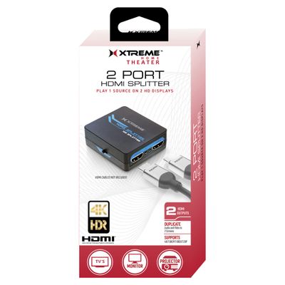 XTREME 2-Port HDMI Splitter for HDTVs, Computer Monitors and Projectors, 4K Quality/Blu-Ray 3D Support, Works with Streaming Devices, DVD/Blu-Ray Players, Cable/Satellite TV Boxes, USB Cable Included