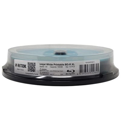 10 Pack Ritek BD-R XL BDXL 100GB Archival Grade Triple Layers 4X White Inkjet Hub Printable Blank Recordable Disc in Spindle
