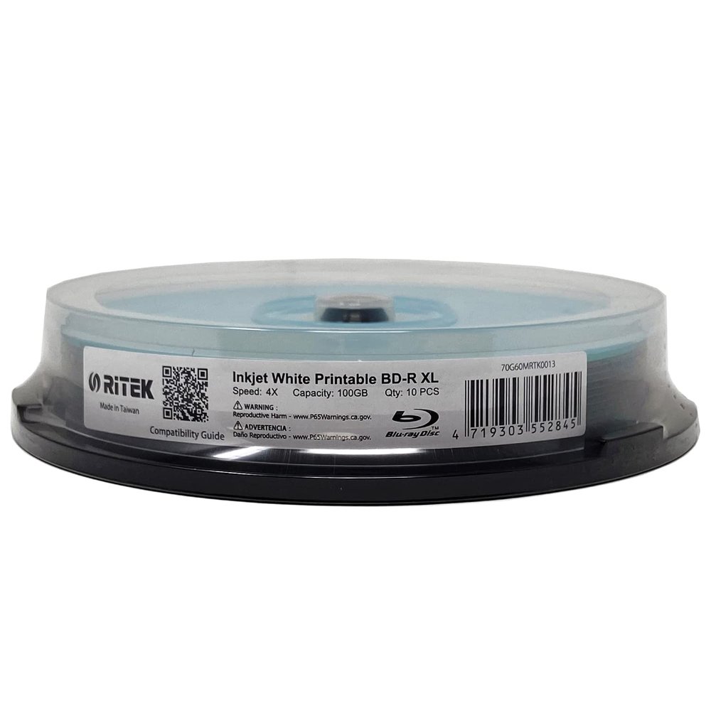 10 Pack Ritek BD-R XL BDXL 100GB Archival Grade Triple Layers 4X White Inkjet Hub Printable Blank Recordable Disc in Spindle