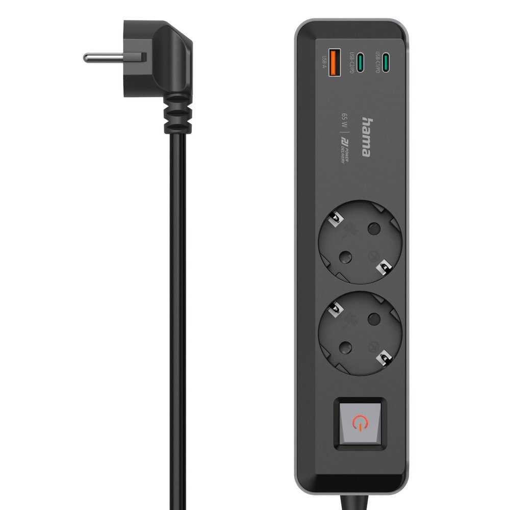 Hama Power Strip, 2 Sockets, USB-C/A 65W, Power Delivery, Switch, 1.4 m, Black and Grey
