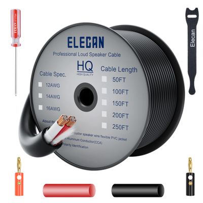 Elecan Pro Series 16/2 Outdoor Speaker Wire Cable 100 Ft 16 Gauge AWG with Tool Kits-Direct Burial in Wall CL3 CL2 Rated-PVC Jacket&Film&Cotton for Home Theater,Car Audio Speaker,Stereos-Black