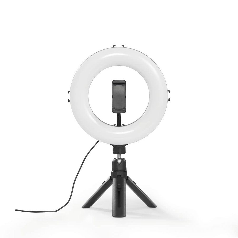 Hama 8 Inch LED Ring Light with Tripod Mobile Phone Holder, 21 cm Diameter, Dimmable, Adjustable Color Temperature, USB Powered, Black
