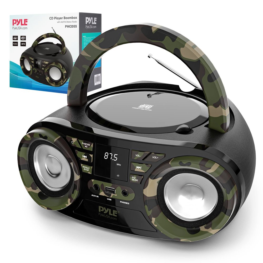 Pyle Portable CD Player Bluetooth Boombox Speaker - AM/FM Stereo Radio & Audio Sound, Supports CD-R-RW/MP3/WMA, USB, AUX, Headphone, LED Display, AC/Battery Powered, Camouflage - Pyle PHCD55.5