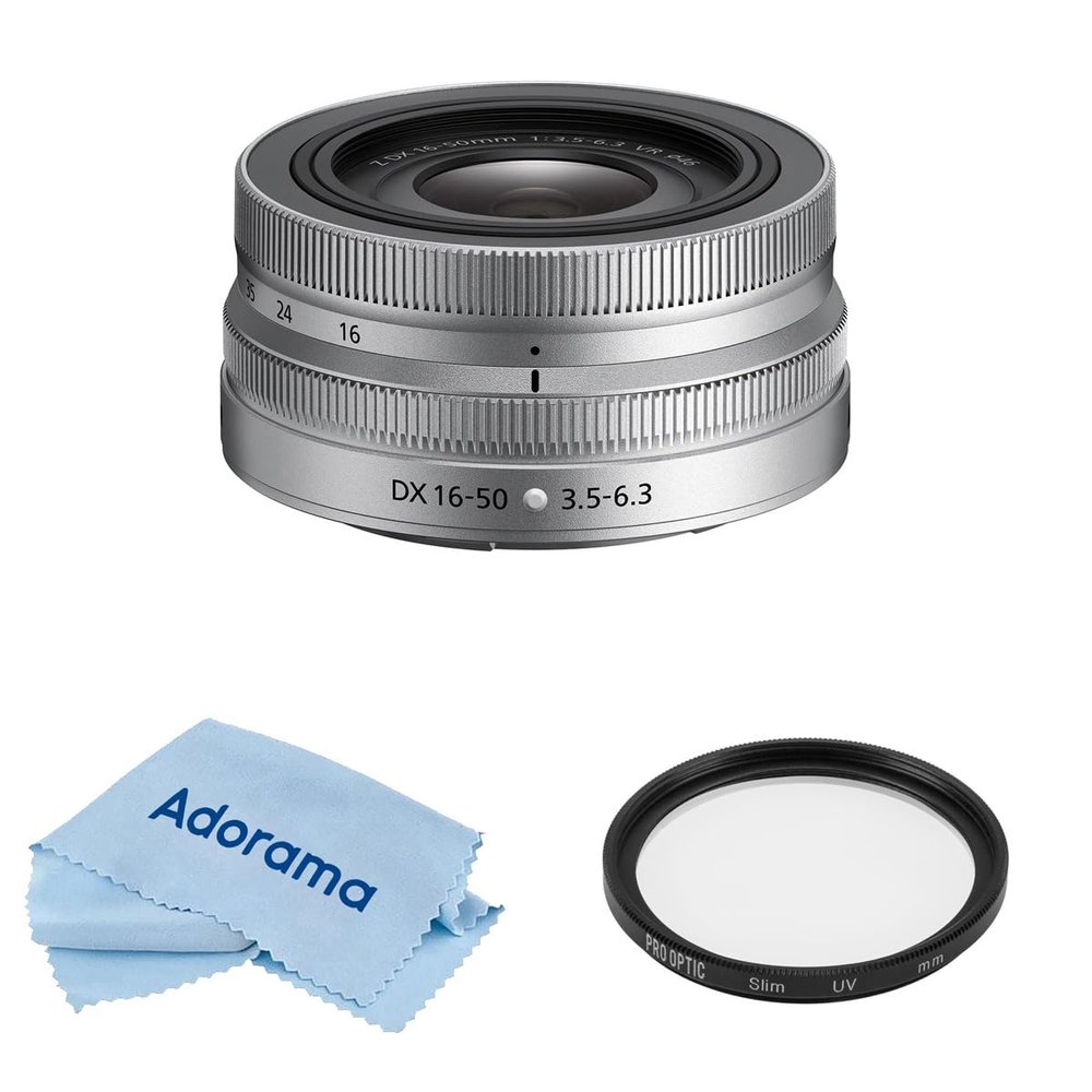 Nikon NIKKOR Z DX 16-50mm f/3.5-6.3 VR Lens, Silver, Bundle with ProOptic Pro Digital 46mm Multi Coated UV Filter, Cleaning Cloth