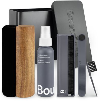 Boundless Audio Record Cleaning Kit - Vinyl Cleaner Bundle with Velvet Brush, Stylus Cleaner, Cleaning Solution, Nylon Brush & Metal Case - 6 Piece Kit