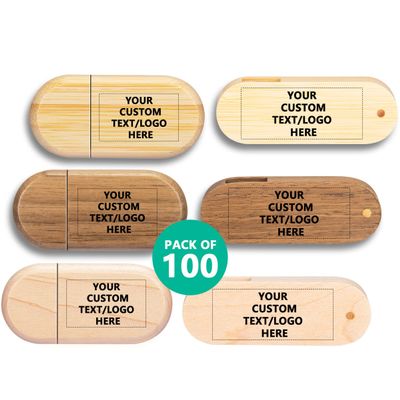 Paintechz Custom Logo Wood USB Flash Drives 100 Pack, Personalized Text Bulk - as Corporate Gifts and Promotional Giveaways - 2GB