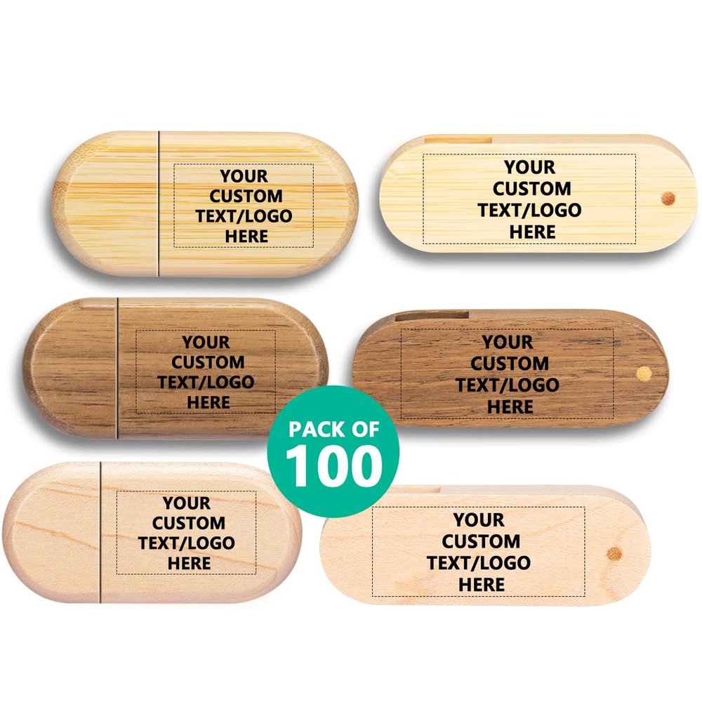 Paintechz Custom Logo Wood USB Flash Drives 100 Pack, Personalized Text Bulk - as Corporate Gifts and Promotional Giveaways - 2GB