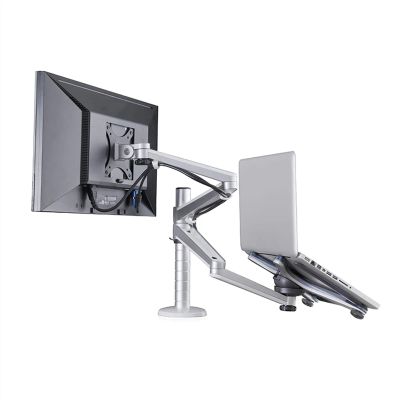 CRUHRE Monitor Stand for Monitor and Laptop Mount, 2-in-1 Adjustable Dual Arm Desk Mounts for 27 Inch LCD Screens and 12-17 Inch Laptops, with Table Clamping and Grommet Monitor Bracket