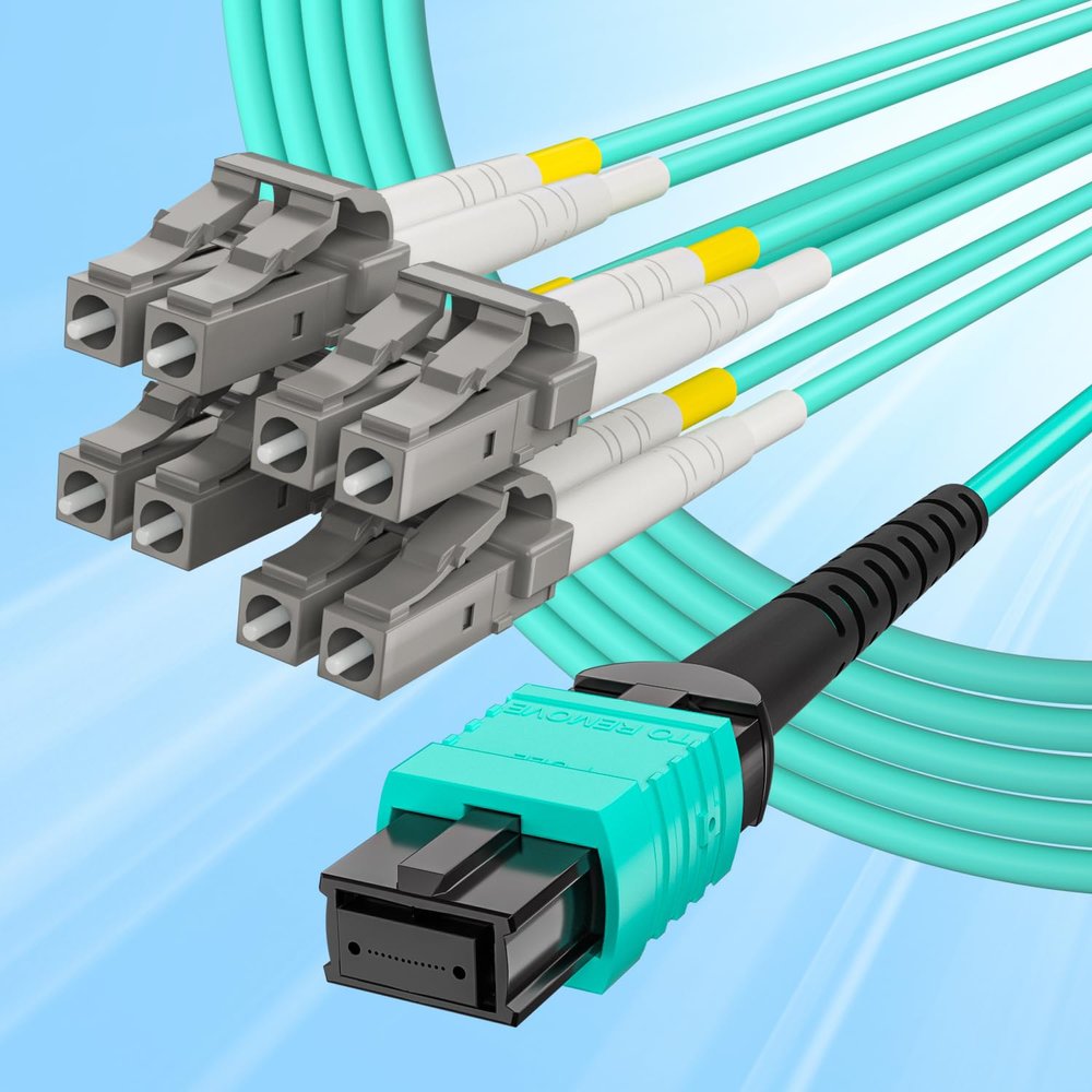 10Gtek Fiber Optic Cable Patch Cord - MPO to 8X LC Fanout Fiber Jumper Cable, OM3 MMF 8-core Fiber, Application for QSFP+Transceiver, 2m(6.6ft), Breakout 0.5m