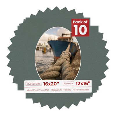 16x20 Mat Bevel Cut for 12x16 Photos - Precut Charcoal Oval Shaped Photo Mat Board Opening - Acid Free Matte to Protect Your Pictures - Bevel Cut for Family Photos, Pack of 10 Matboards