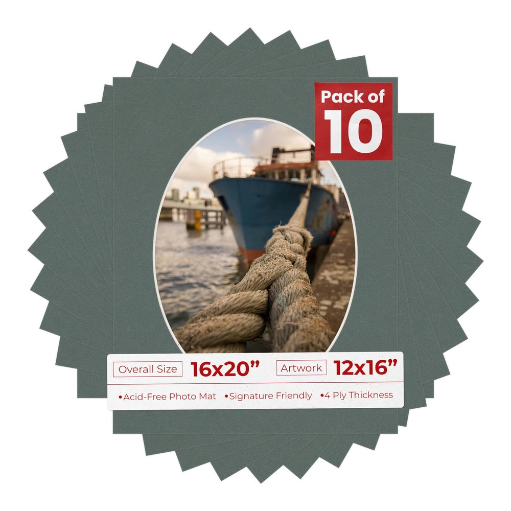 16x20 Mat Bevel Cut for 12x16 Photos - Precut Charcoal Oval Shaped Photo Mat Board Opening - Acid Free Matte to Protect Your Pictures - Bevel Cut for Family Photos, Pack of 10 Matboards