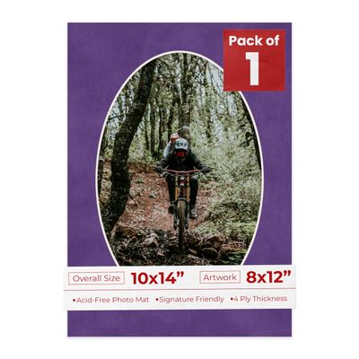 10x14 Mat Bevel Cut for 8x12 Photos - Precut Purple Crocus Suede Oval Shaped Photo Mat Board Opening - Acid Free Matte to Protect Your Pictures - Bevel Cut for Family Photos, Pack of 1 Matboard