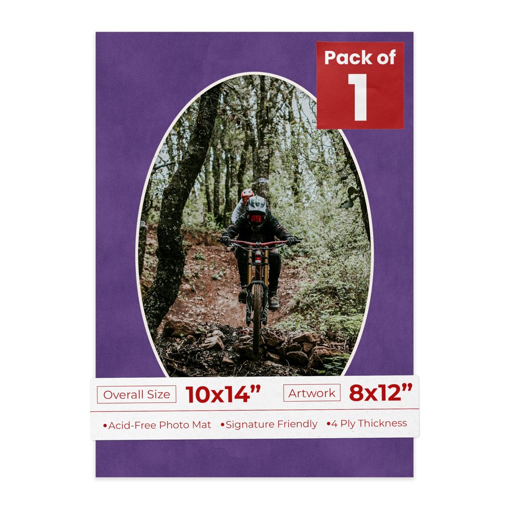 10x14 Mat Bevel Cut for 8x12 Photos - Precut Purple Crocus Suede Oval Shaped Photo Mat Board Opening - Acid Free Matte to Protect Your Pictures - Bevel Cut for Family Photos, Pack of 1 Matboard